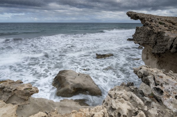 Waves on rocky coast, Playa Los Escullos, Cabo de Gata, Los Escullos, Playa del Arco, El Arco beach, Cabo de Gata-Nijar Natural Park, Almeria, Andalusia, Spain, Europe