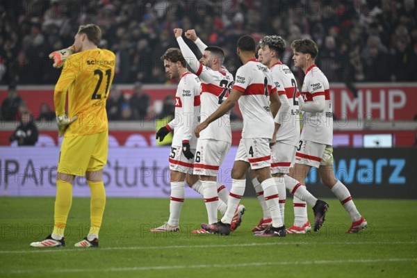 Goal celebration #s25#Deniz Undav VfB Stuttgart (26) Josha Vagnoman VfB Stuttgart (04) Ameen Al-Dakhil VfB Stuttgart (02) Ramon Hendriks VfB Stuttgart (03) Disappointment at goalkeeper Florian Müller SC Freiburg SCF (21) MHPArena, MHP Arena Stuttgart, Baden-Württemberg, Germany, Europe