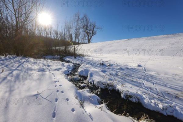 Bochum, North Rhine-Westphalia, Germany - Sunny winter landscape in the Ruhr area, ice and snow on the renaturalised Goldhammer Bach, the stream has been transformed into a near-natural watercourse, the Goldhammer Bach flows into the Emscher via the Hüller Bach, is part of the Emscher river system and thus part of the Emscher conversion, was previously an open, above-ground wastewater channel, mixed water channel with surface water and wastewater, animal tracks in the snow