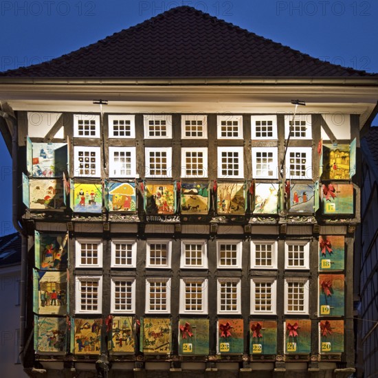 Large Advent Calendar at the Old Town Hall, Nostalgic Christmas Market, Hattingen, Ruhr Area, North Rhine-Westphalia, Germany, Europe