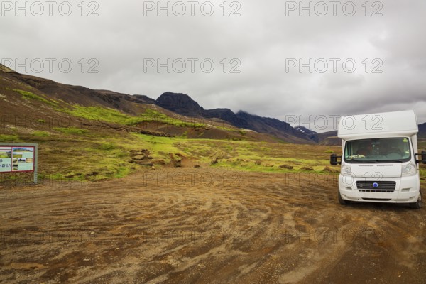 Camping car parking at Laugarvatnsvellir. Laugarvatnsvellir are dry flatlands to the east of Reyðarbarmur. Two caves on the west side of the flats were often used to house sheep but were the home of people during the first decades of the last century