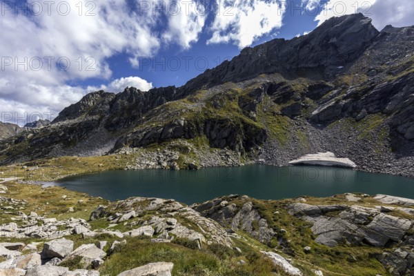Lake Sassolo, Lago di Sassolo, behind Ticino mountains, Sambuco valley, Vale Sambuco, near Fusio, Lavizzara, Canton Ticino, Switzerland, Europe