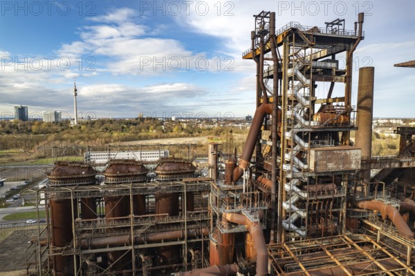 Industrial ruins of the Phönix West blast furnace works in Dortmund seen from the air, North Rhine-Westphalia, Germany, Europe