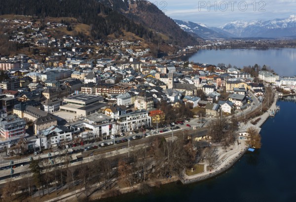 Drone shot, city view, Zell am See, Zeller See, Pinzgau, Land Salzburg, Austria, Europe