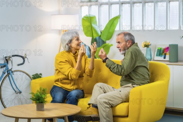 Full length photo of a caucasian senior couple arguing and discussing sitting on the sofa