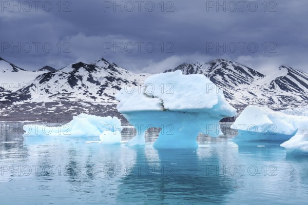 Iceberg, ice floe from calving Monacobreen glacier floating in the Liefdefjorden, fjord in Haakon VII Land, Spitsbergen, Svalbard