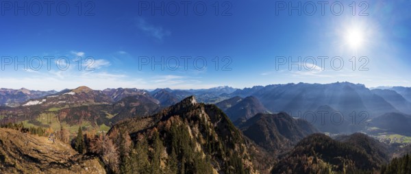 Drone shot, view from Schwarzer Berg into Lammertal with Dachstein massif and Tennengebirge, Golling, Osterhorn group, Salzburg province, Austria, Europe