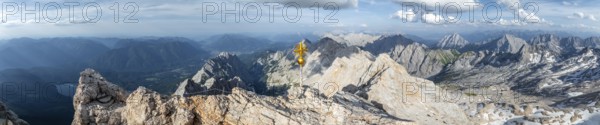 Alpine panorama, aerial view, Zugspitze with summit cross, high mountains, Bavaria, Germany, Europe