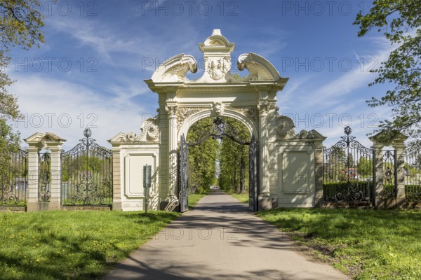 The neo-baroque Eagle Gate on the north side of Keesschen Park in Markkleeberg, Saxony, Germany, Europe
