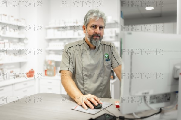 Mature male pharmacist working with computer in the store