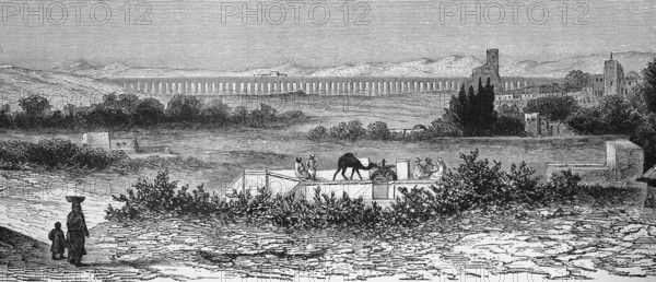 Hilly landscape with aqueduct in ancient Carthage on the Mediterranean, archaeological site, UNESCO World Heritage Site, woman with child, camel, bushes, travel, Tunisia, historical illustration 1886, Africa