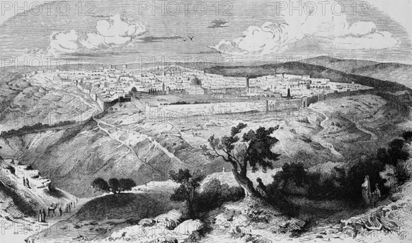 Cityscape of Jerusalem, bird's eye view from the Mount of Olives, Mount of Olives, plateau, city wall, mentioned in the Bible, travelling in Asia, Israel, historical illustration 1887, Asia