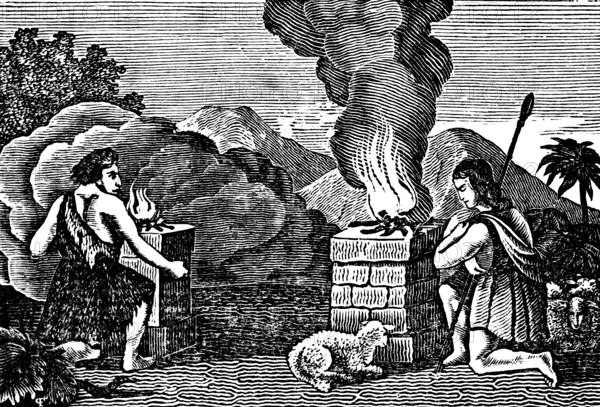 Cain and Abel, the two sacrifices, crops, first lamb, fireplace, vertical and horizontal smoke, mountain landscape, Genesis, woodcut, Christoph Schmid's Biblical History 1831