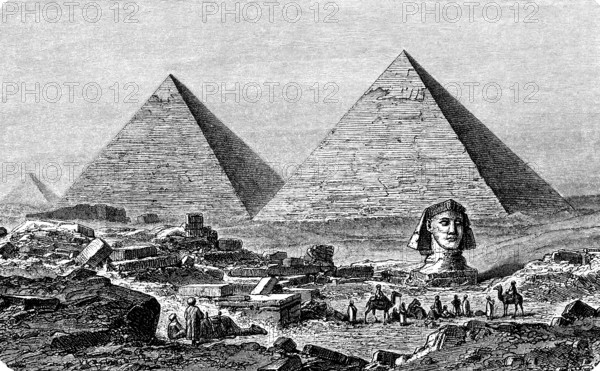 The Pyramids of Giza in the Nile Valley, Wonder of the World, UNESCO World Heritage Site, Cheops Pyramid, one of the oldest surviving structures of mankind, built in the 4th Dynasty around 2500 BC, ruins, camels, horsemen, Arabs, Africa, Egypt, history of mankind, historical illustration 1880, Africa