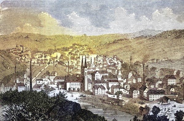 Barmen an der Wupper, near Düsseldorf, today Wuppertal, North Rhine-Westphalia, Deutschland, ca 1845 / Barmen an der Wupper, bei Düsseldorf, heute Wuppertal, North Rhine-Westphalia, ca 1845, Historisch, historical, digital improved reproduction of an original from the 19th century / digital reproduction of an original from the 19th century