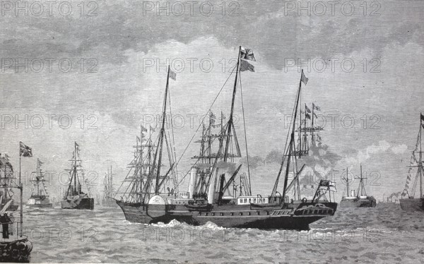 The visit of the German Emperor to England, The ship Hohenzollern with Emperor Wilhelm on board during the inspection of English warships, in October 1891, digital reproduction of an original from the 19th century, historical