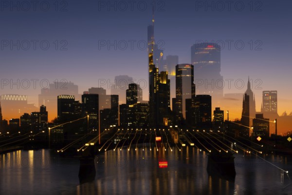 The silhouette of Frankfurt's banking skyline stands out in the evening against the residual light of the setting sun. (Effect through long exposure and change of focal length), Frankfurt am Main, Hesse, Germany, Europe