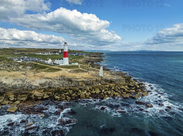 Portland Bill Lighthouse from a drone, Portland Bill, Isle of Portland, Dorset, England, United Kingdom, Europe