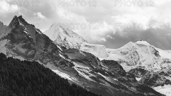 Snow-covered peaks of the mountains Le Besso and Obergabelhorn, black and white photo, Val d'Anniviers, Valais Alps, Canton Valais, Switzerland, Europe