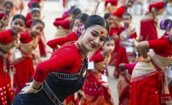 Participants with instructors dance on the final day of a Bihu dance workshop ahead of Rongali Bihu Festival, in Guwahati, Assam, India on 12 April 2025