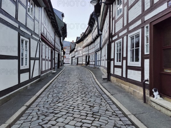 Narrow alley with half-timbered houses and cobblestones in the old town, UNESCO World Heritage Site, Goslar, Lower Saxony, Germany, Europe