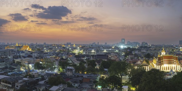 Panorama from Golden Mount to the illuminated Wat Ratchabophit, Wat Rachapradit, Wat Pho, Wat Arun, Wat Ratchanatdaram Worawihan and the skyline of Bangkok, Thailand, Asia