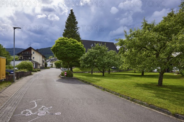Residential area, apartment buildings, trees, meadow, lantern, overcast sky with nimbostratus clouds, sunlight, backlight, Georg-Giesler-Straße, Hofstetten, Black Forest, Ortenaukreis, Baden-Württemberg, Germany, Europe