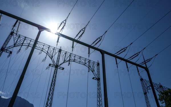 Power line at a small power station, Bad Tölz, Bavaria, Germany, Europe