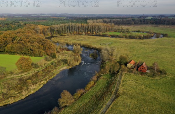 10.11.2021, Datteln, North Rhine-Westphalia, Germany - Lippe, river and floodplain development of the Lippe near Haus Vogelsang, where a near-natural river landscape was created, an intact river-floodplain ecosystem was restored with flood protection through newly designed floodplains