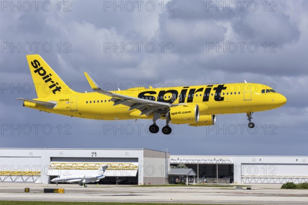 A Spirit Airlines Airbus A320neo aircraft with the registration number N964NK at Fort Lauderdale Airport, USA, North America