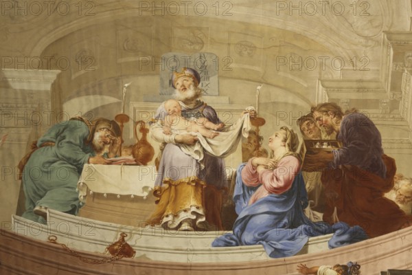 Ceiling fresco by Januarius Zick 1783 depicting the infant Jesus in the temple, offering, rococo, interior view, arts and crafts, painting, monastery church, St Peter and Paul, Oberelchingen, Elchingen, Upper Swabia, Swabia, Bavaria, Germany, Europe