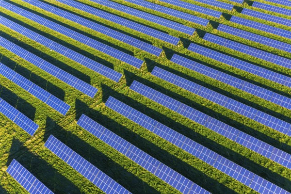 Aerial view over blue solar panels of photovoltaic power station, solar park for the supply of electricity