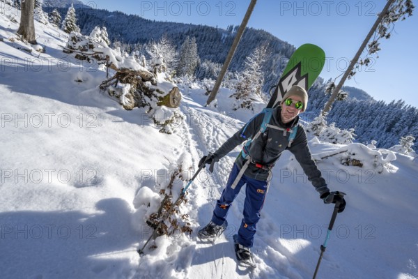 Snowshoers in a snowy winter forest, ascent to the Teufelstättkopf, Snowy mountain landscape, Ammergau Alps, Bavaria, Germany, Europe