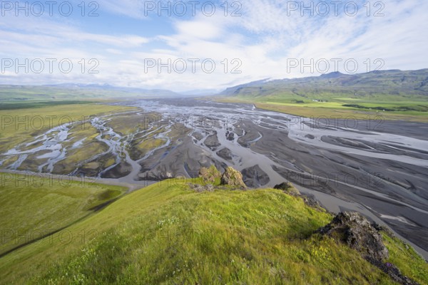 View from a hill, view over alluvial land, meandering river, Dímonarhellir, Suðurland, Iceland, Europe