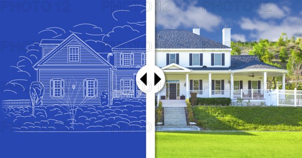 Before and after slider comparing blueprint sketch drawing plans and completed custom house