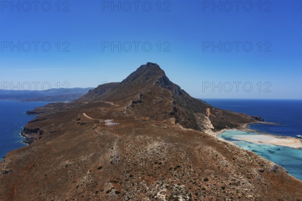 Drone shot, Gramvousa peninsula with view to the beach and bay of Balos, Kolimbari, West Crete, Crete, Greece, Europe