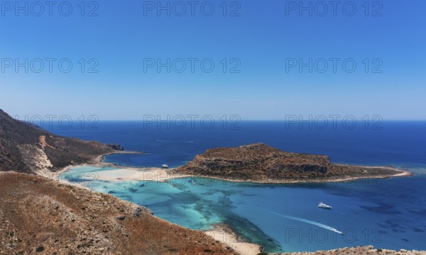 Drone shot, Gramvousa peninsula with view to the beach and bay of Balos, Kolimbari, West Crete, Crete, Greece, Europe
