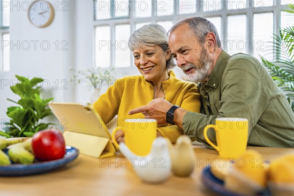 Senior man pointing the screen of a digital tablet with his wife aside