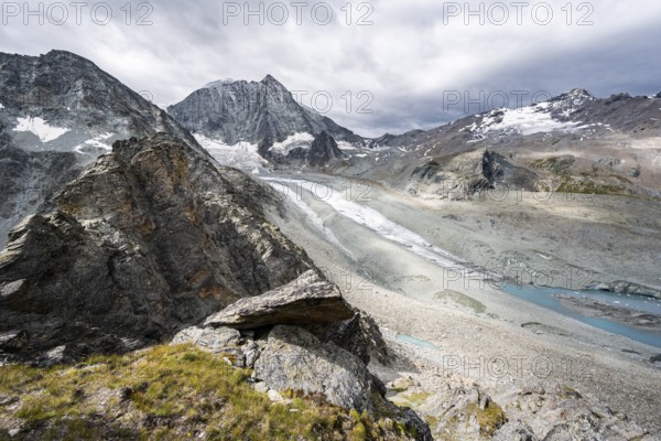 View of glacier Glacier de Cheilon and mountain peak Mont Blanc de Cheilon, at Col de Riedmatten, Valais, Western Alps Switzerland