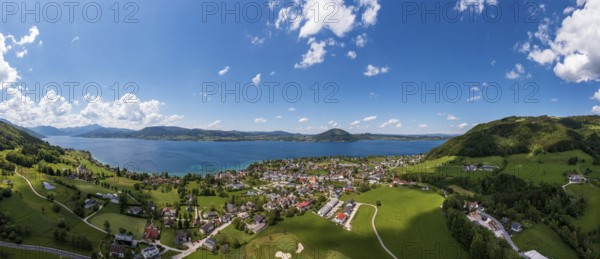 Drone image, Weyregg am Attersee with Attersee Golfclub Weyregg, Salzkammergut, Upper Austria, Austria, Europe