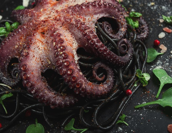 Octopus with black spaghetti, pasta, spices and herbs, top view, no people