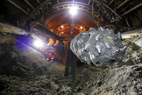 Themed photo Emscher conversion, the Emscher system will be wastewater-free in 2021 - new construction of a sewer on the Boye, the second largest tributary of the Emscher, a machine operator in the tunnelling machine digs the tunnel for the DN 3500 concrete wastewater pipes, the Boye is renaturalised and transformed into a near-natural body of water, was previously an open, above-ground wastewater sewer, mixed sewer with surface water and wastewater, the ecological conversion of the Emscher system consists of the construction of a central wastewater treatment system in the Ruhr area, the construction of sewers and the renaturalisation of the Emscher and its tributaries, archive photo from 13.11.2014, Bottrop, Ruhr area, North Rhine-Westphalia, Germany, Europe
