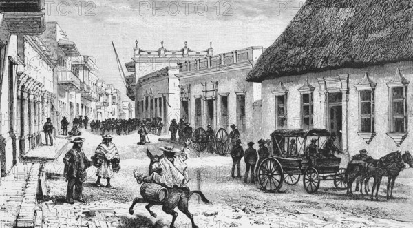 Street scene in Barranquila, a Spanish foundation, horse-drawn carriage, riders, pedestrians, colonial buildings, thatched roof house, many people, Caribbean, travelling, Colombia, historical illustration 18888, South America
