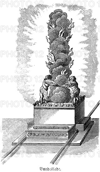 The Ark of the Covenant was the highest sanctuary of the Israelites, the two stone tablets of the law were kept in it, box made of acacia wood, above it golden cherub images with wings, Bible, historical illustration, Biblisches Handwörterbuch 1862