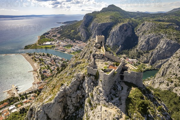Starigrad Fortress and Omis seen from the air, Croatia, Europe