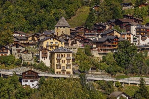 Mountain village Vissoie, panoramic view, Val d'Anniviers, Valais Alps, Canton Valais, Switzerland, Europe