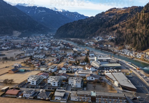 Drone shot, view of village with parish church, Prutz, Kaunertal, Inntal, Inn, Tyrol, Austria, Europe
