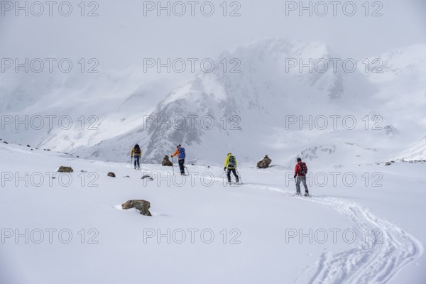 Ski tourers, snow-covered mountain landscape, Ortler Alps, Vinschgau Valley, Italy, Europe