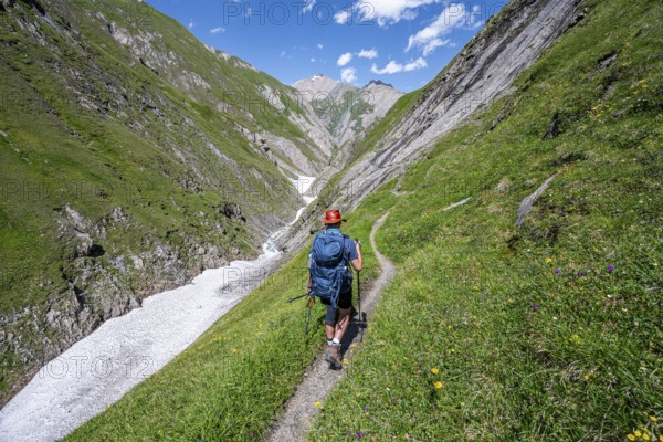 Mountaineer on hiking trail in Dabertal, Lasörling Höhenweg, Lasörling Group, Hohe Tauern National Park, East Tyrol, Tyrol, Austria, Europe