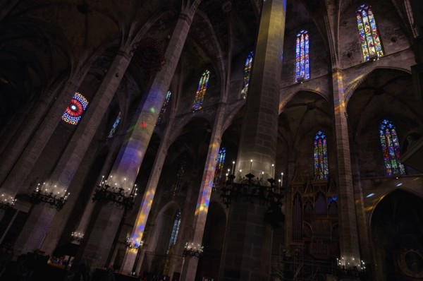 Play of colours, play of light, colourful church windows, interior view, La Seu, Basilica de Santa Maria, Cathedral of Saint Mary, Palma de Majorca, Majorca, Balearic Islands, Balearic Islands, Spain, Europe